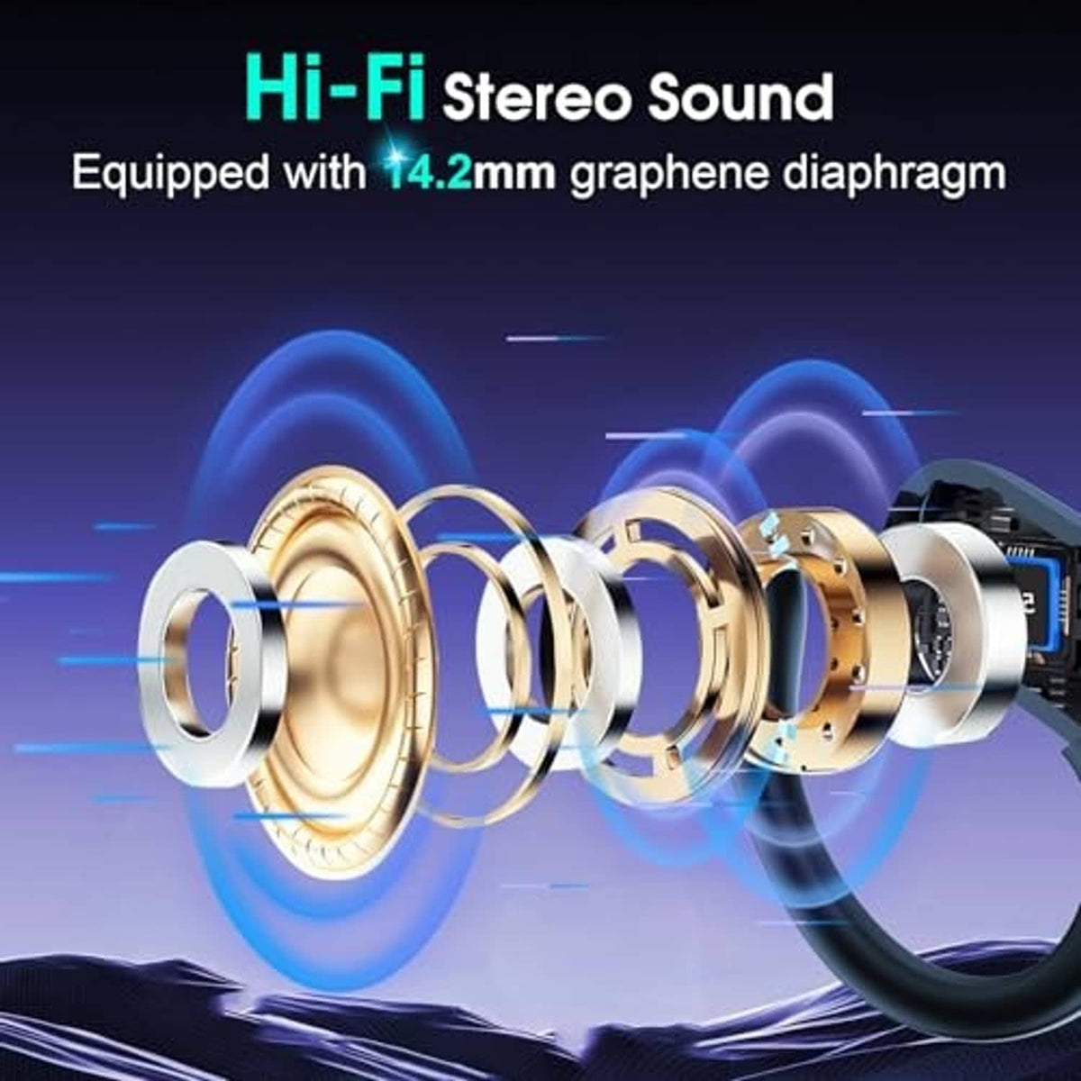 Wireless earbuds with 14.2mm graphene diaphragm driver and sound wave graphic