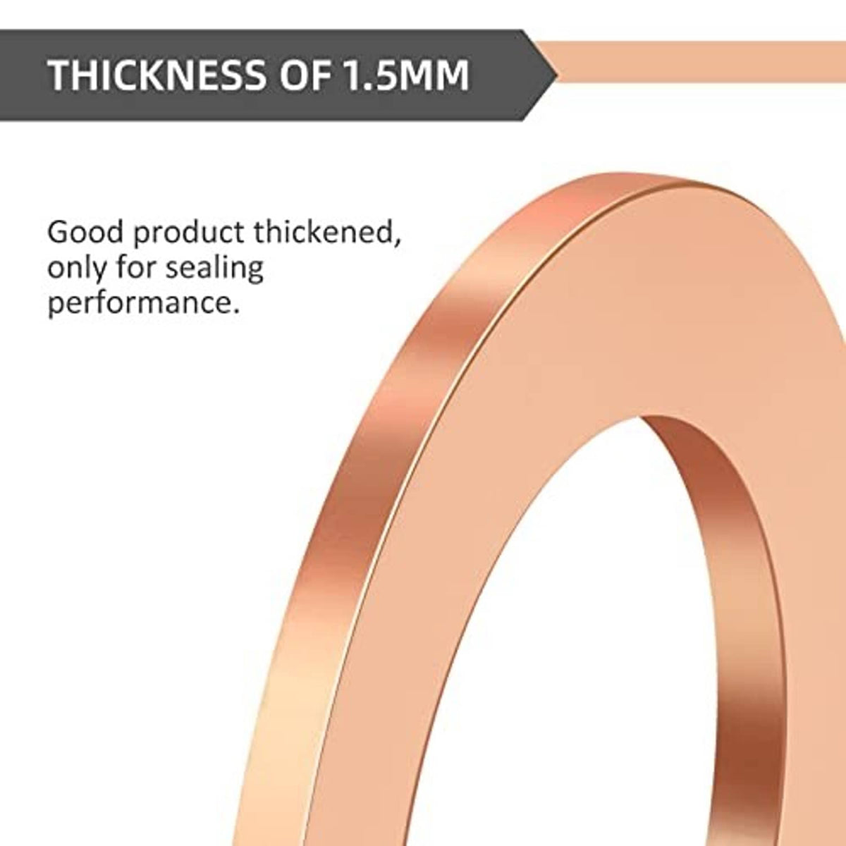 Red copper crush washer with center hole, close-up view of ring thickness and rim