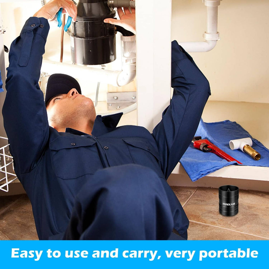 Black FENXAM pipe deburring tool held near a pipe for reaming and cleanup
