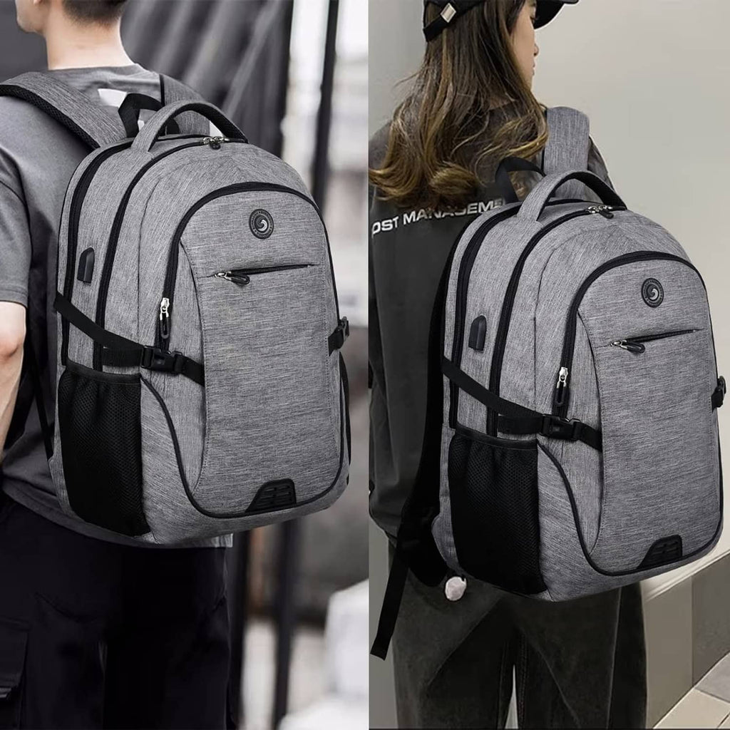 Gray backpack worn on back with front zip pocket and supportive webbing straps.