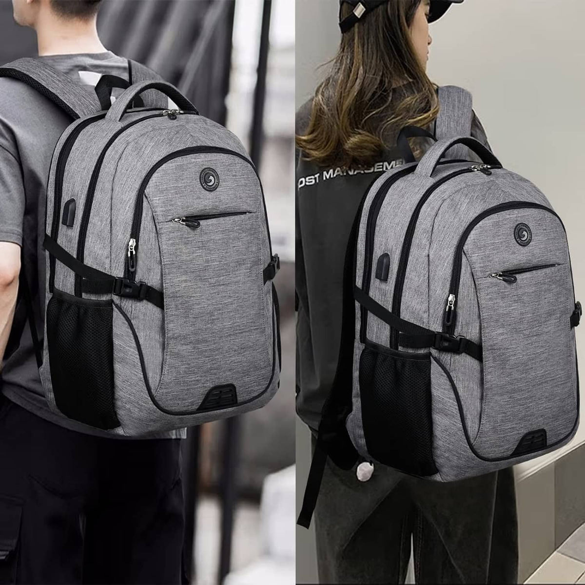 Gray backpack worn on back with front zip pocket and supportive webbing straps.