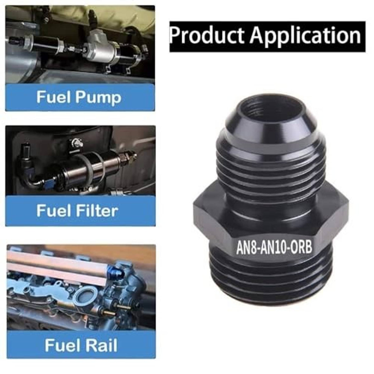Black AN8-AN10 ORB male adapter fitting with O-ring seal
