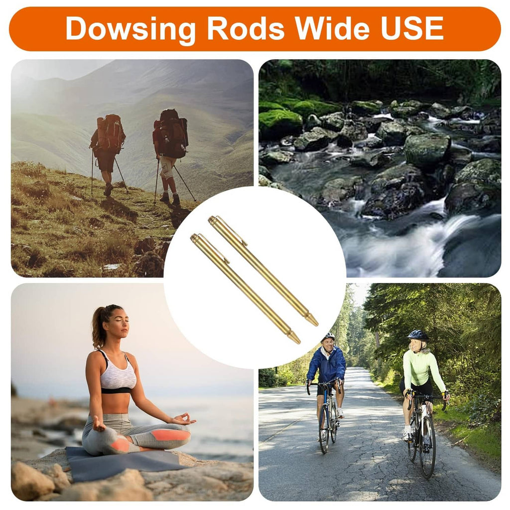 Pair of brass retractable dowsing rods with pen-like shape and pointed ends