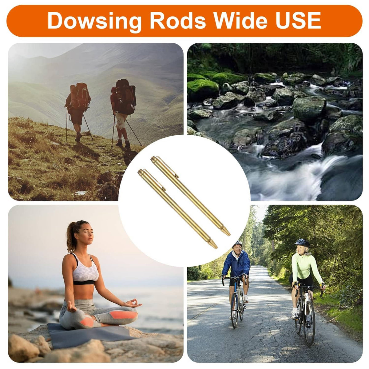 Pair of brass retractable dowsing rods with pen-like shape and pointed ends
