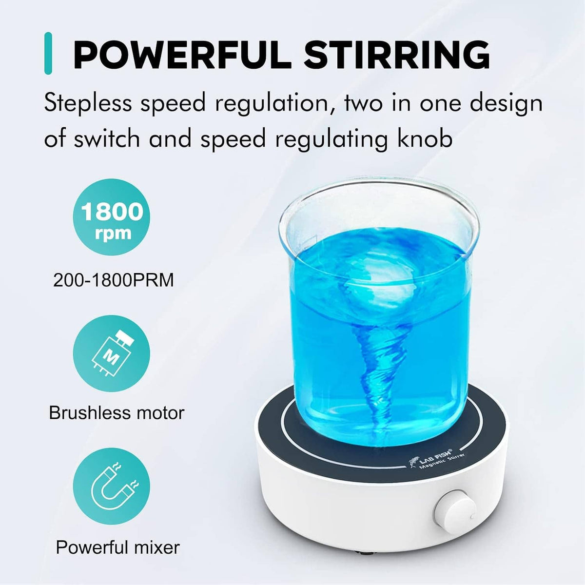 Magnetic stirrer with blue beaker on top and speed control knob; 1800 rpm shown
