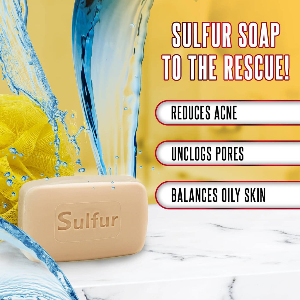 Cream sulfur soap bar near water splash, soap on light marble surface