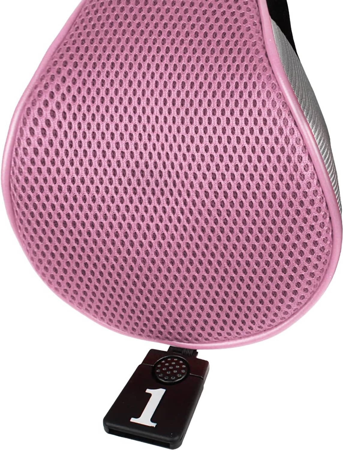 Pink mesh golf driver head cover with black panel and number 1 tag
