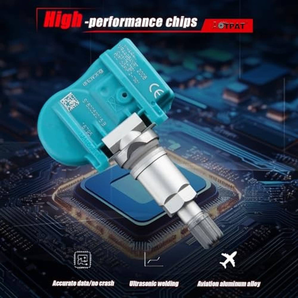 Turquoise TPMS sensor with metal valve stem on electronic circuit board