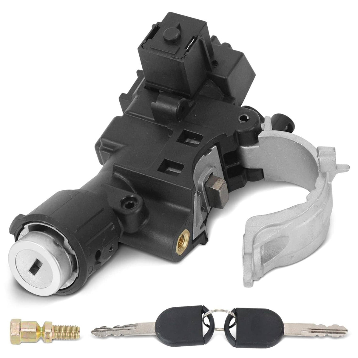 Ignition switch lock cylinder housing with 2 keys and mounting pin, black plastic body