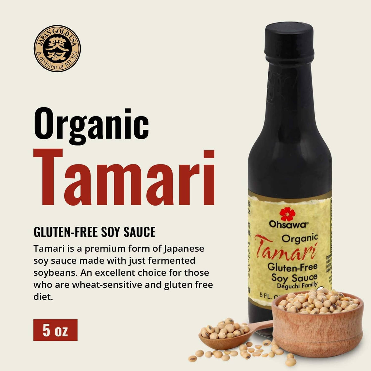 Organic tamari soy sauce bottle with soybeans in wooden bowl