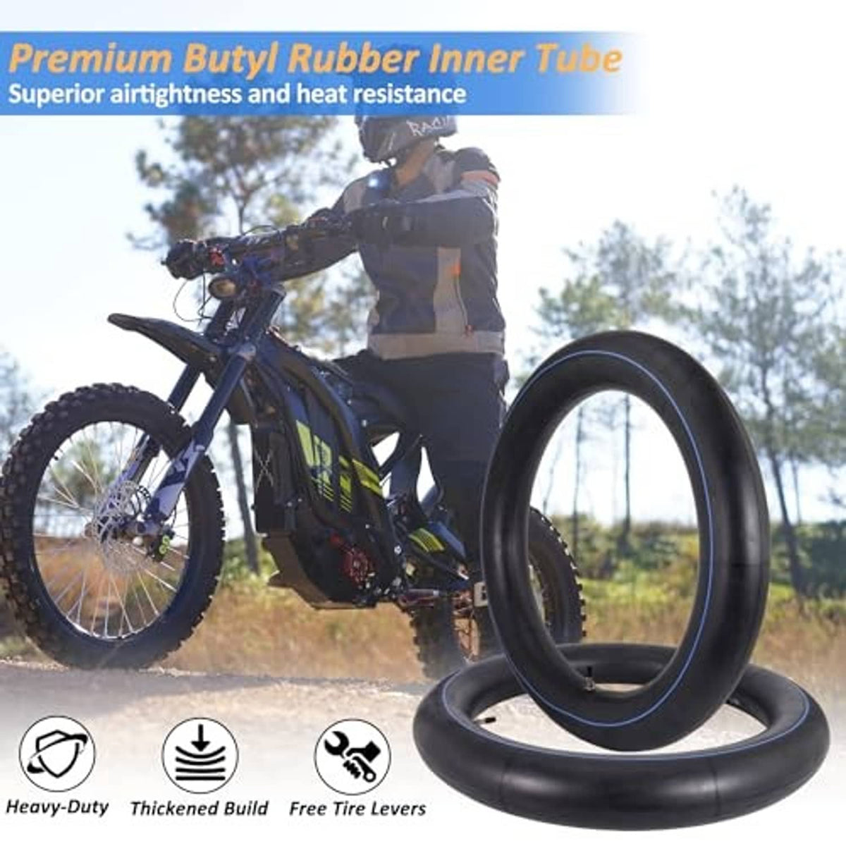 Thick butyl motorcycle inner tubes, black with blue stripe, for off-road and street bikes