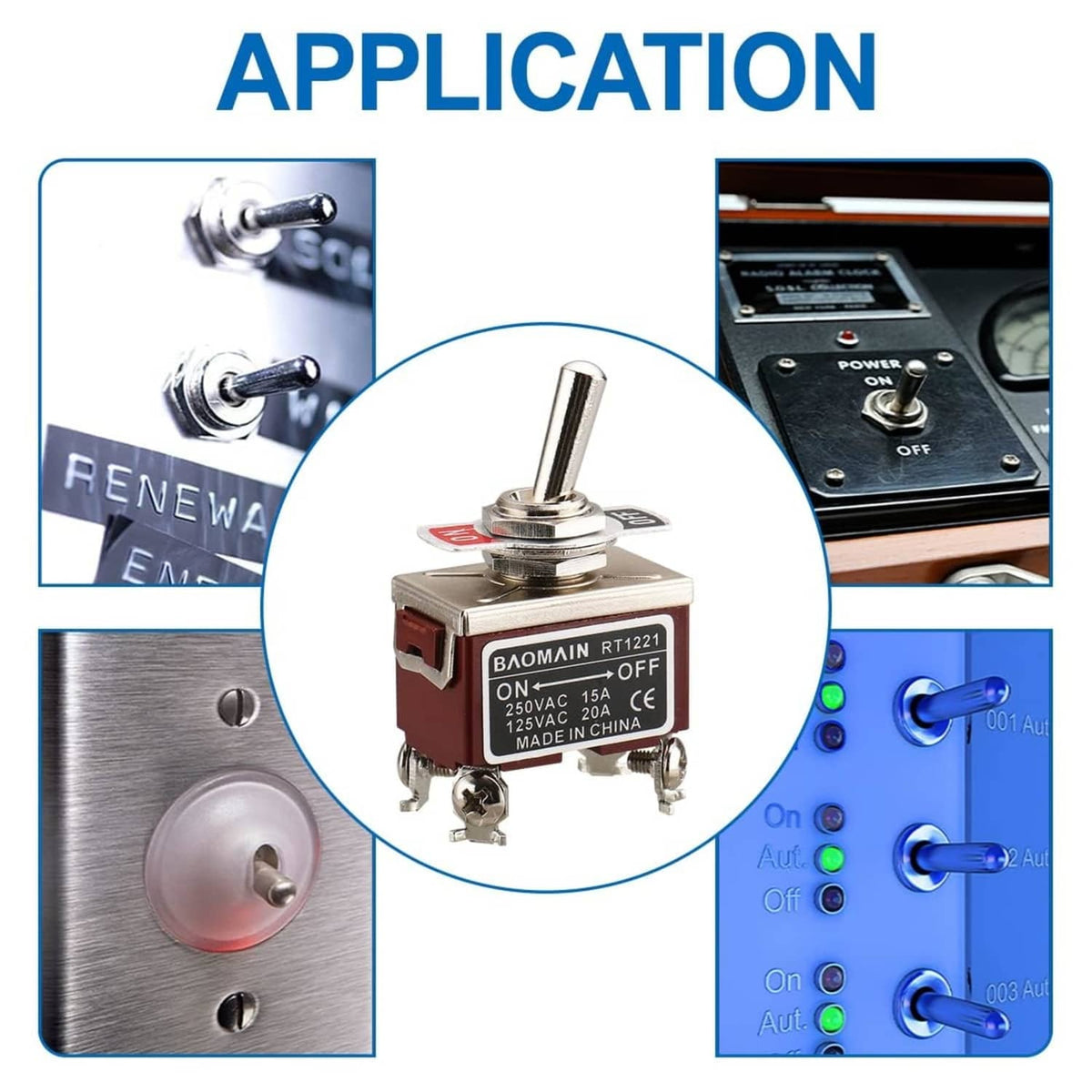 On/off toggle switch with metal lever and BAOMAIN RT1221 label on application graphic