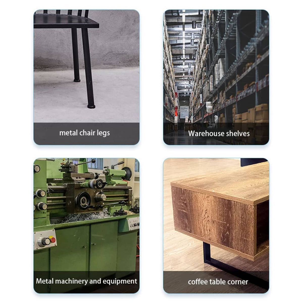 Collage showing metal chair legs, warehouse shelves, machinery, and a coffee table corner
