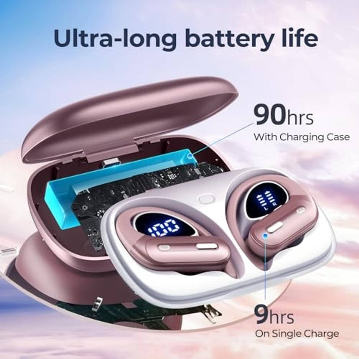 Wireless earbuds shown with open rose pink charging case and battery life indicators