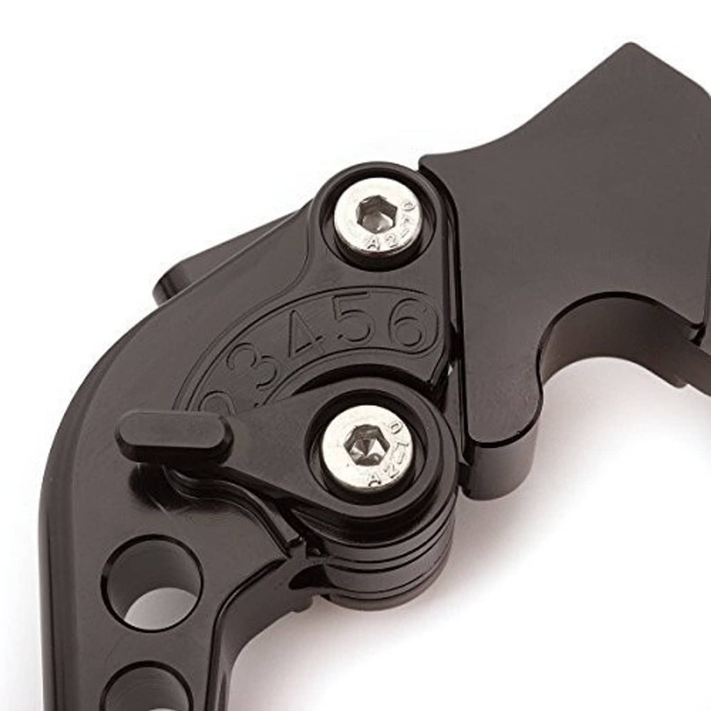Close-up of black lever pivot and adjuster screws with engraved markings