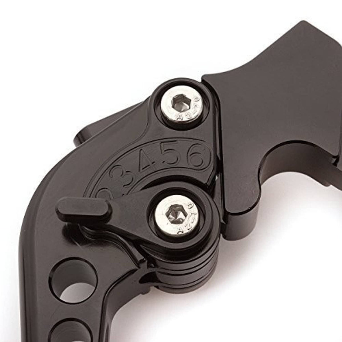 Close-up of black lever pivot and adjuster screws with engraved markings