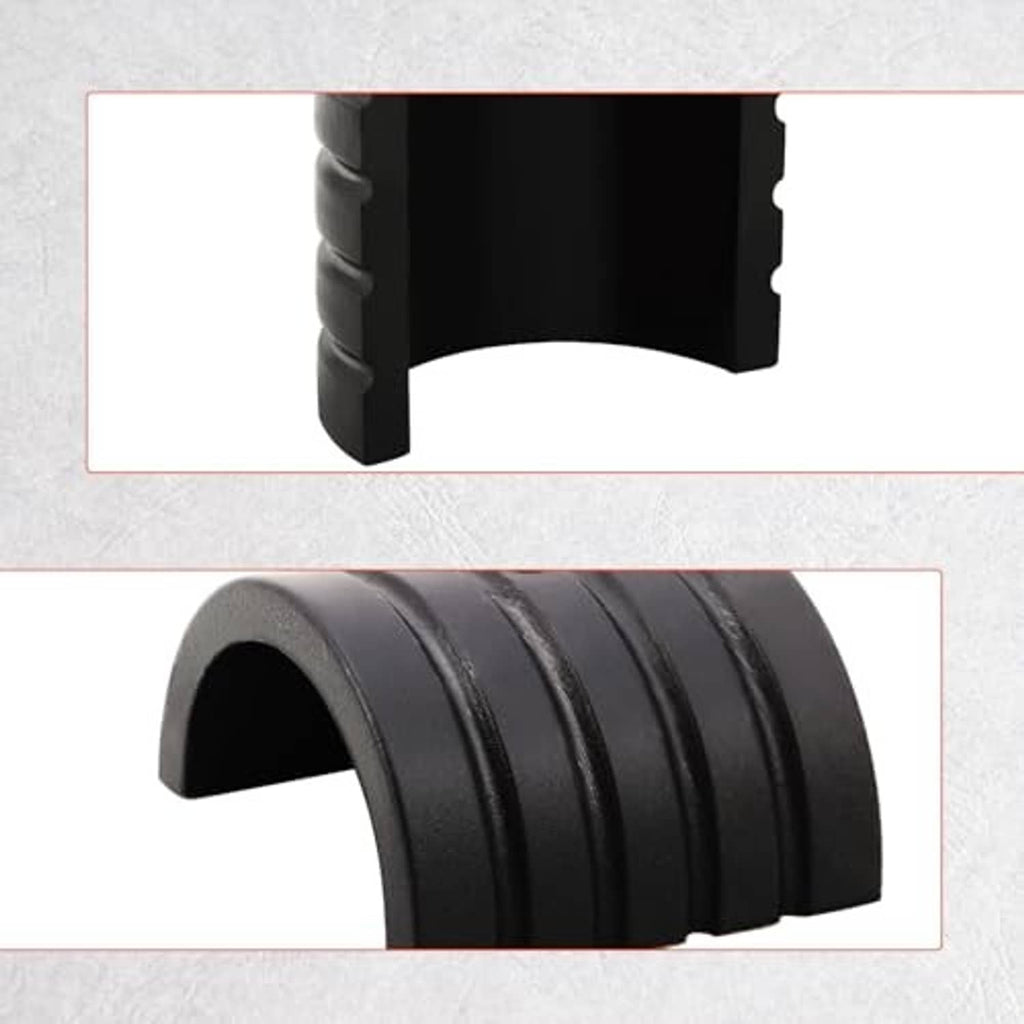 Black rubber bushing spacer with ribbed outer surface and curved inner mounting slot