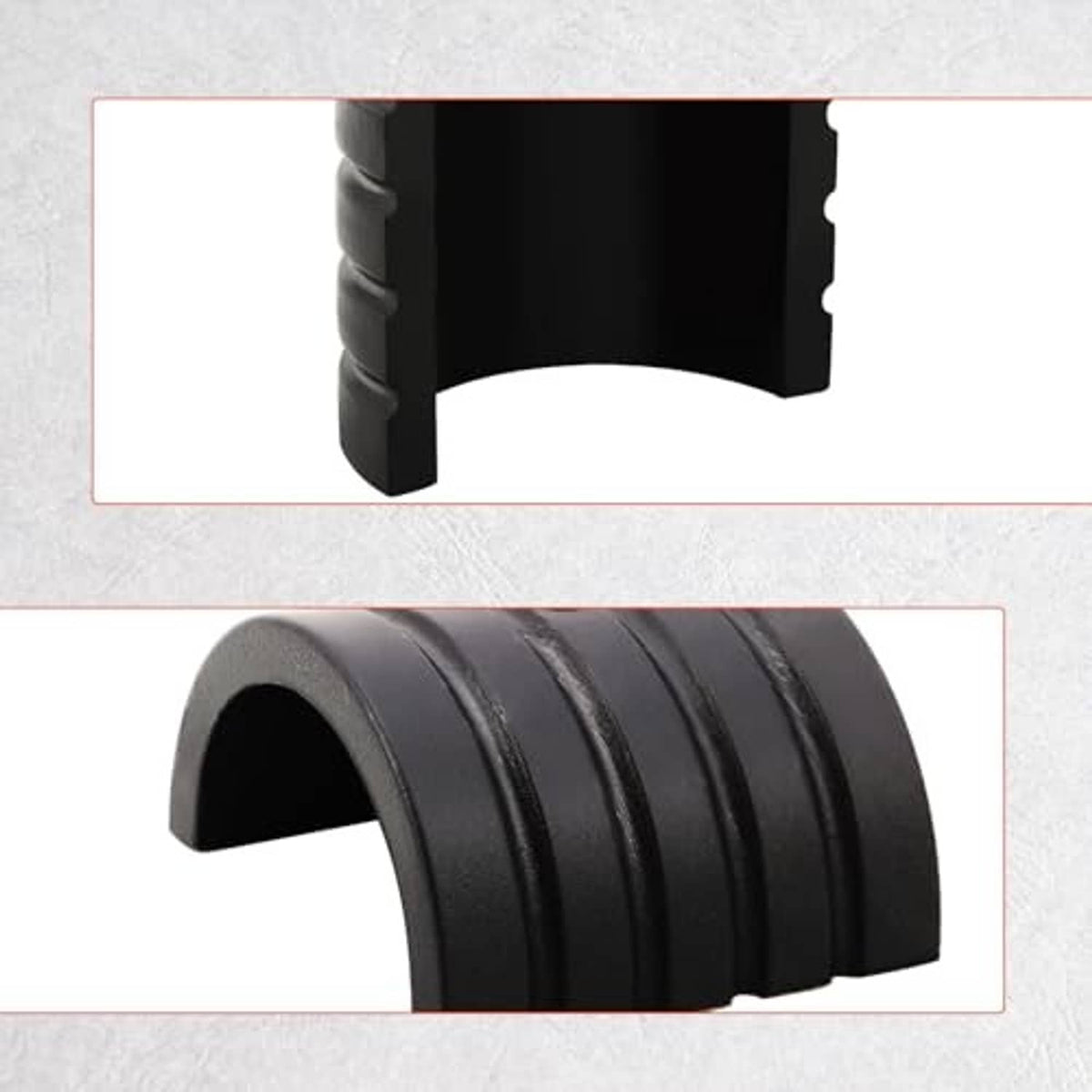 Black rubber bushing spacer with ribbed outer surface and curved inner mounting slot