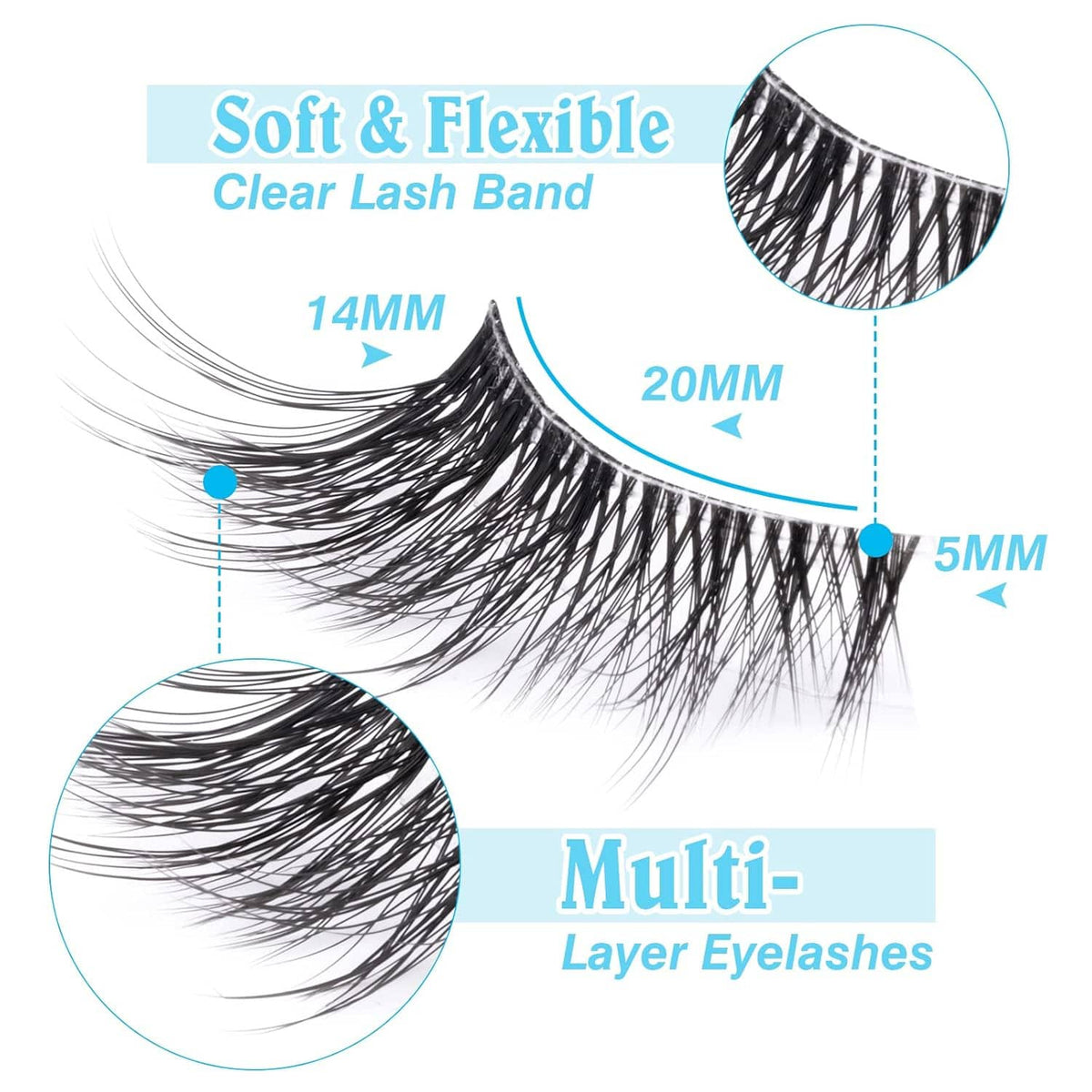 3/4 false eyelashes, wispy volume, clear lash band, layered lash strip detail