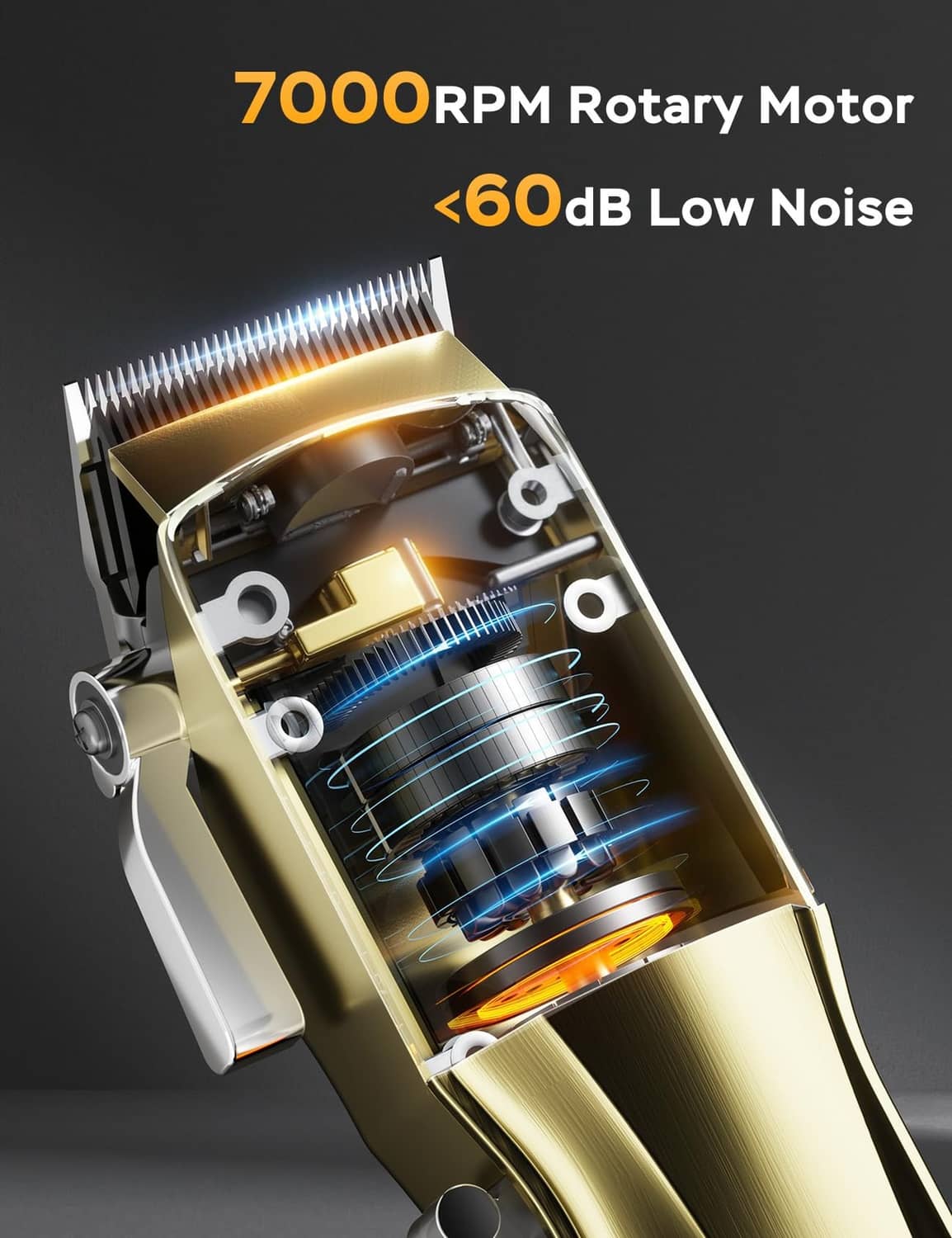 Gold rotary motor hair clipper interior view with blade drum and blue motion bands