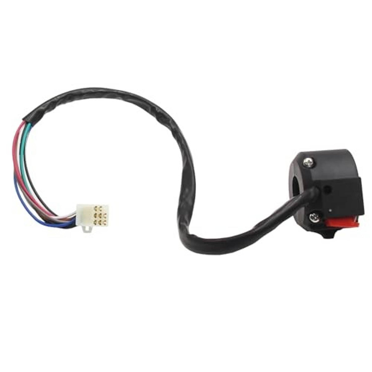 Left handlebar switch with red rocker, black mount, and 8-wire harness with white plug