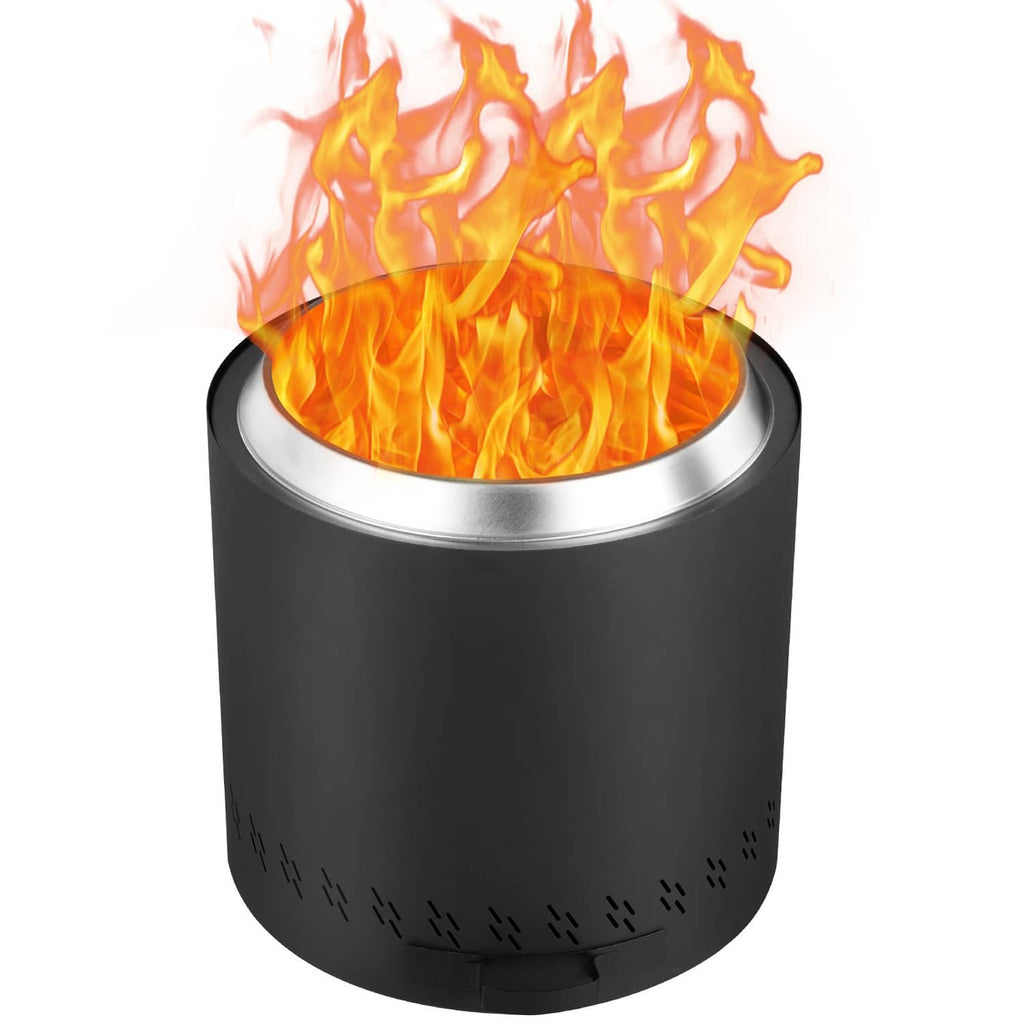 Black fire pit stove with tall flames above the stainless steel rim