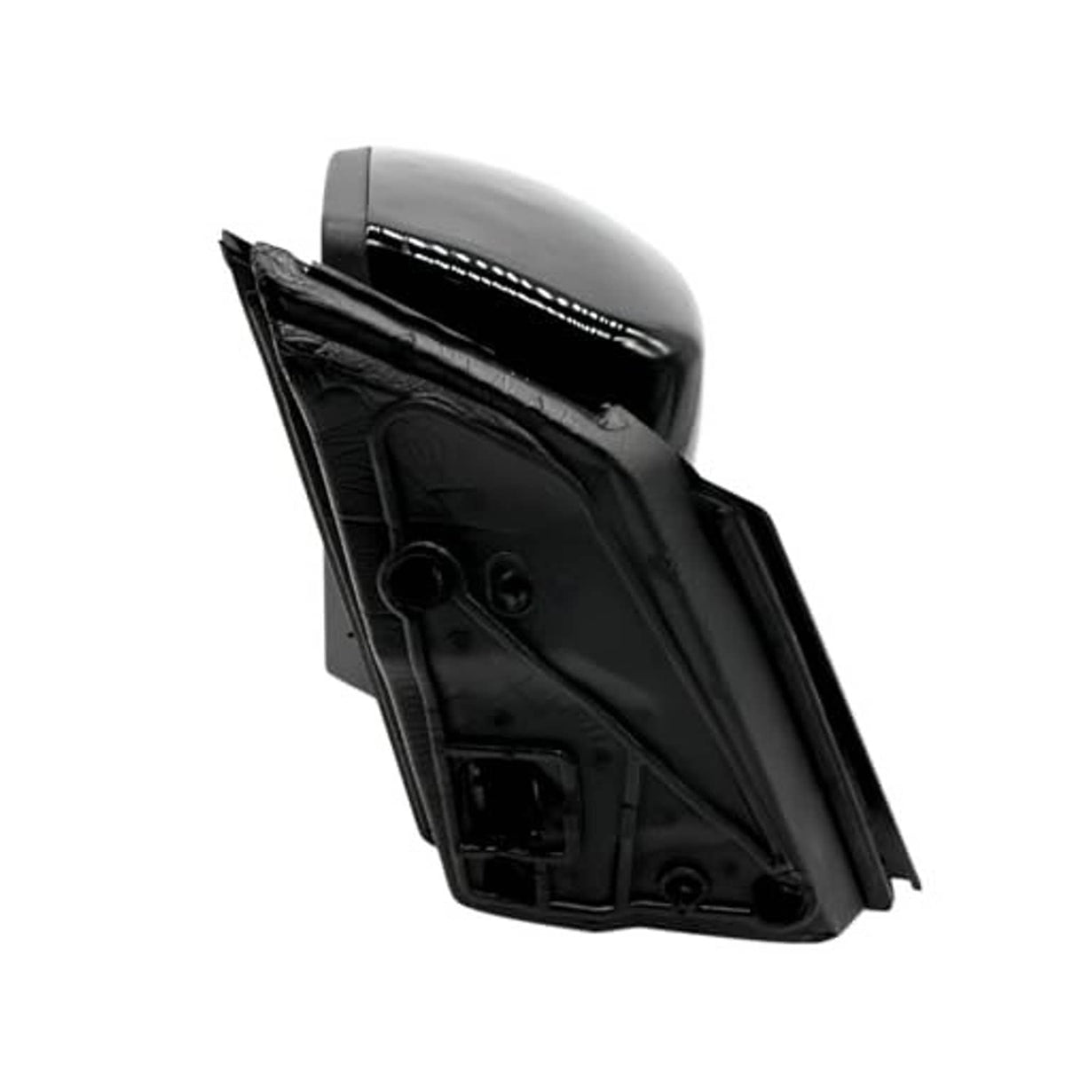 Left side mirror housing with black cover, mounting holes, and internal module openings