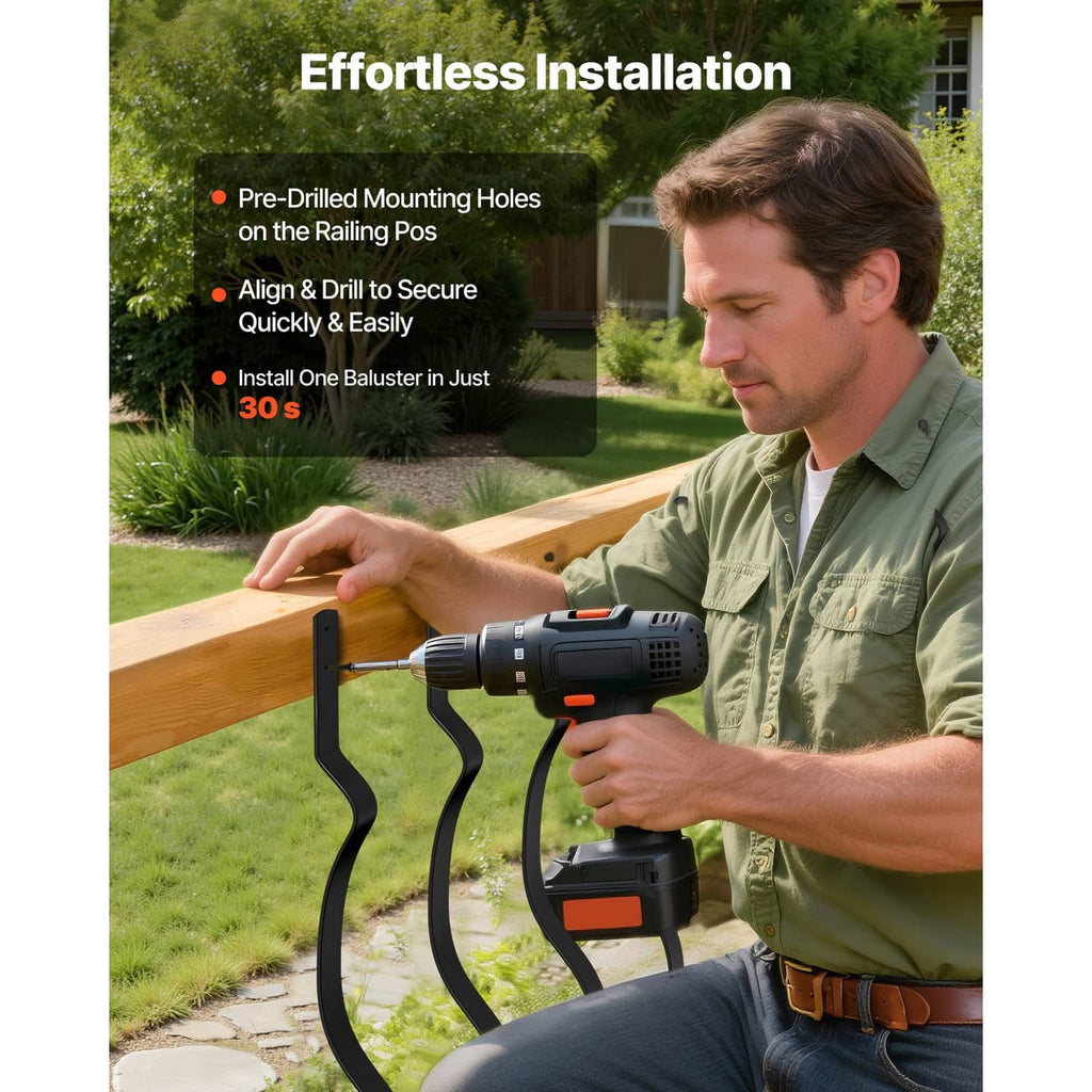 Black wave baluster spindles on a wooden rail, shown during installation