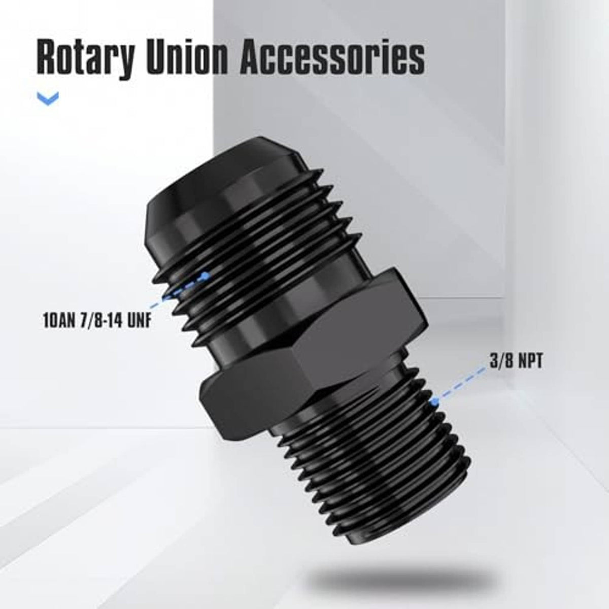 Black male flare to 3/8 NPT straight fitting adapter, close-up of threads and hex