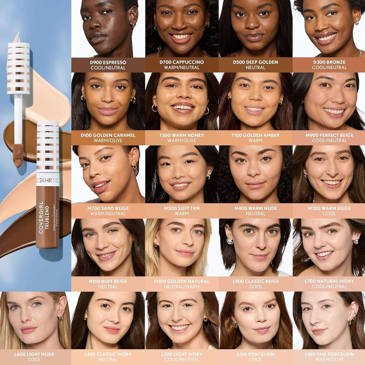 Multiple concealer shade swatches with tubes shown alongside applicator