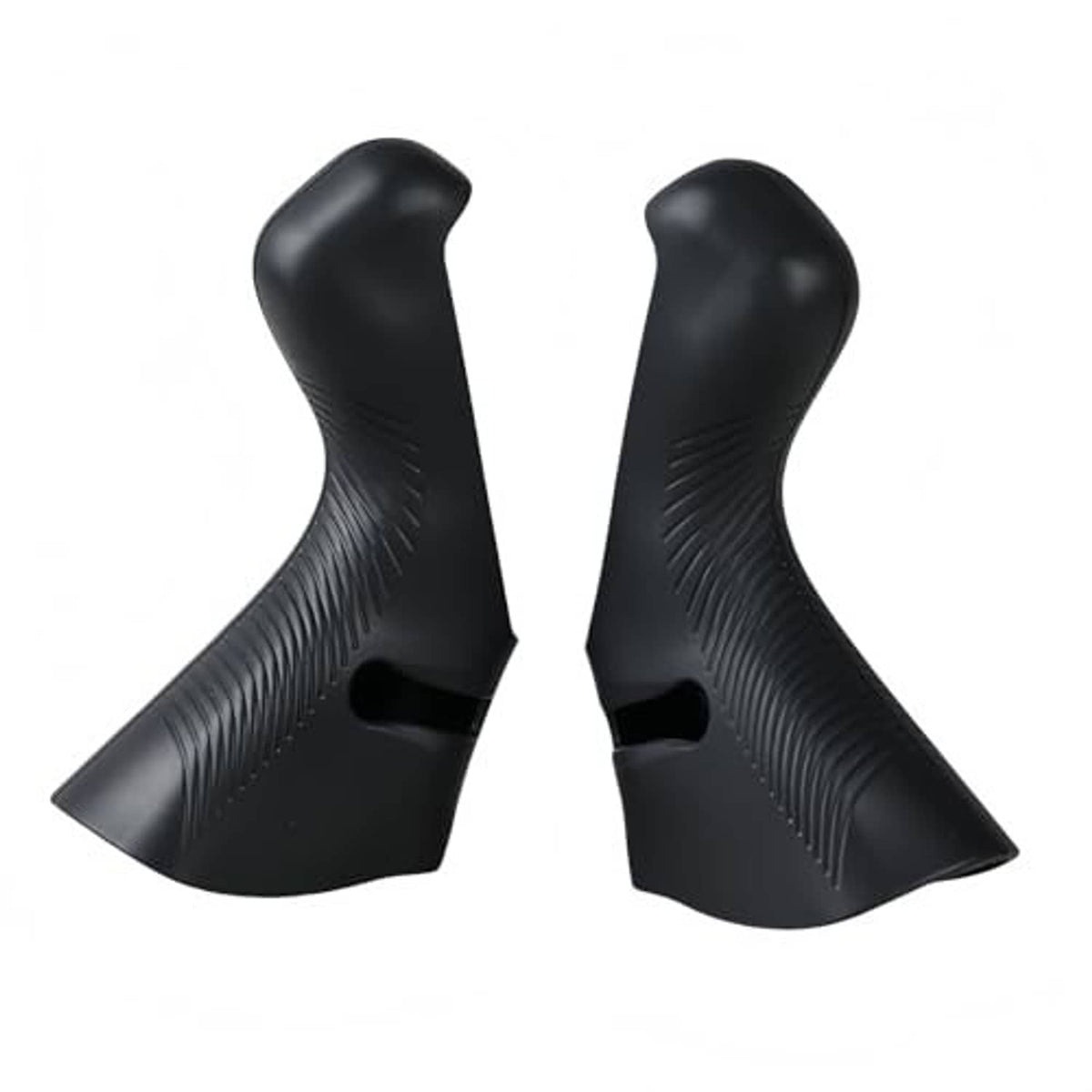 Black brake lever hood covers, diagonal textured lines, curved outer profile (pair)