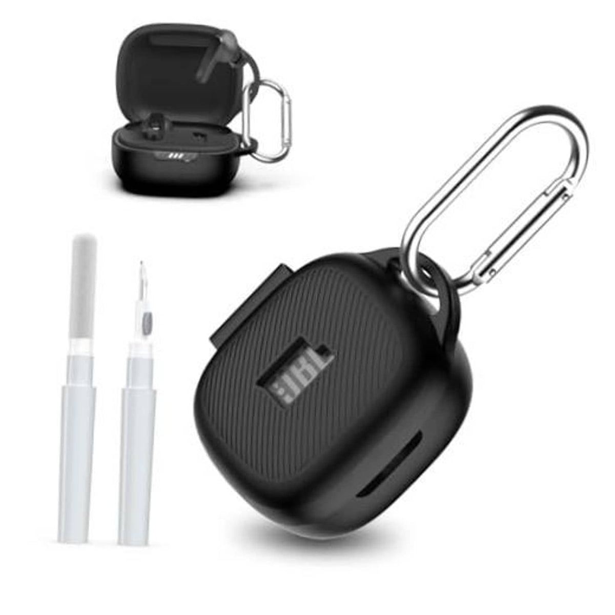 Black JBL Live Pro 2 earbuds case cover with carabiner clip and charging port cutout.