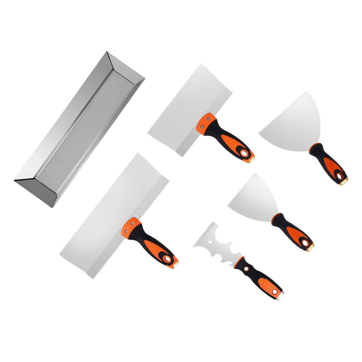 Stainless steel paint scraper set with metal blades and orange-and-black handles