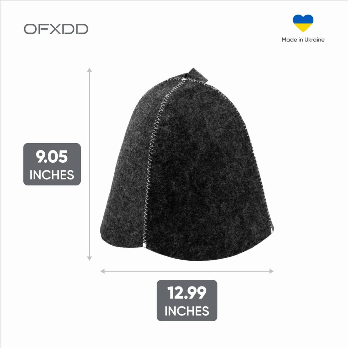 Dark grey wool sauna hat, cone shape with stitched panel and pointed top