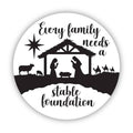 White circular nativity auto magnet with stable scene and 'stable foundation' text