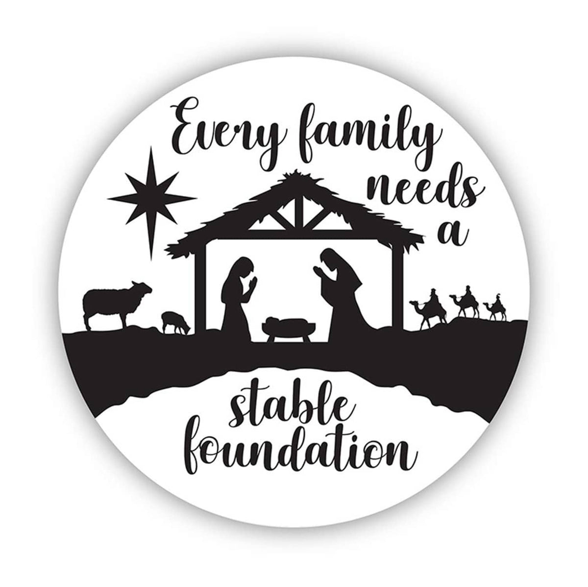 White circular nativity auto magnet with stable scene and 'stable foundation' text