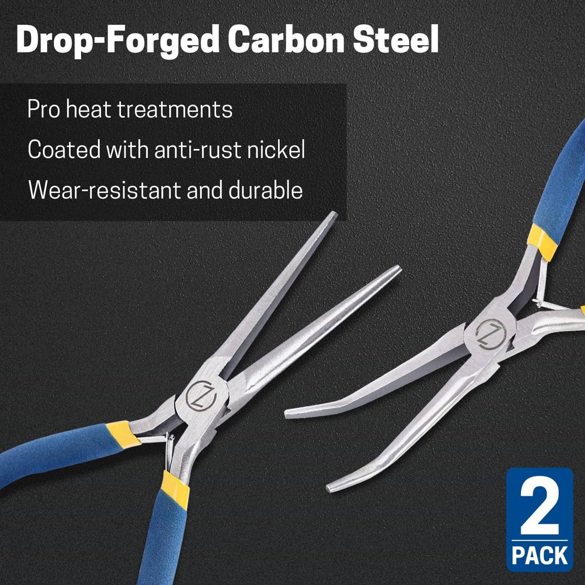 Mini needle-nose pliers with pointed jaws; blue grips and yellow bands on silver metal