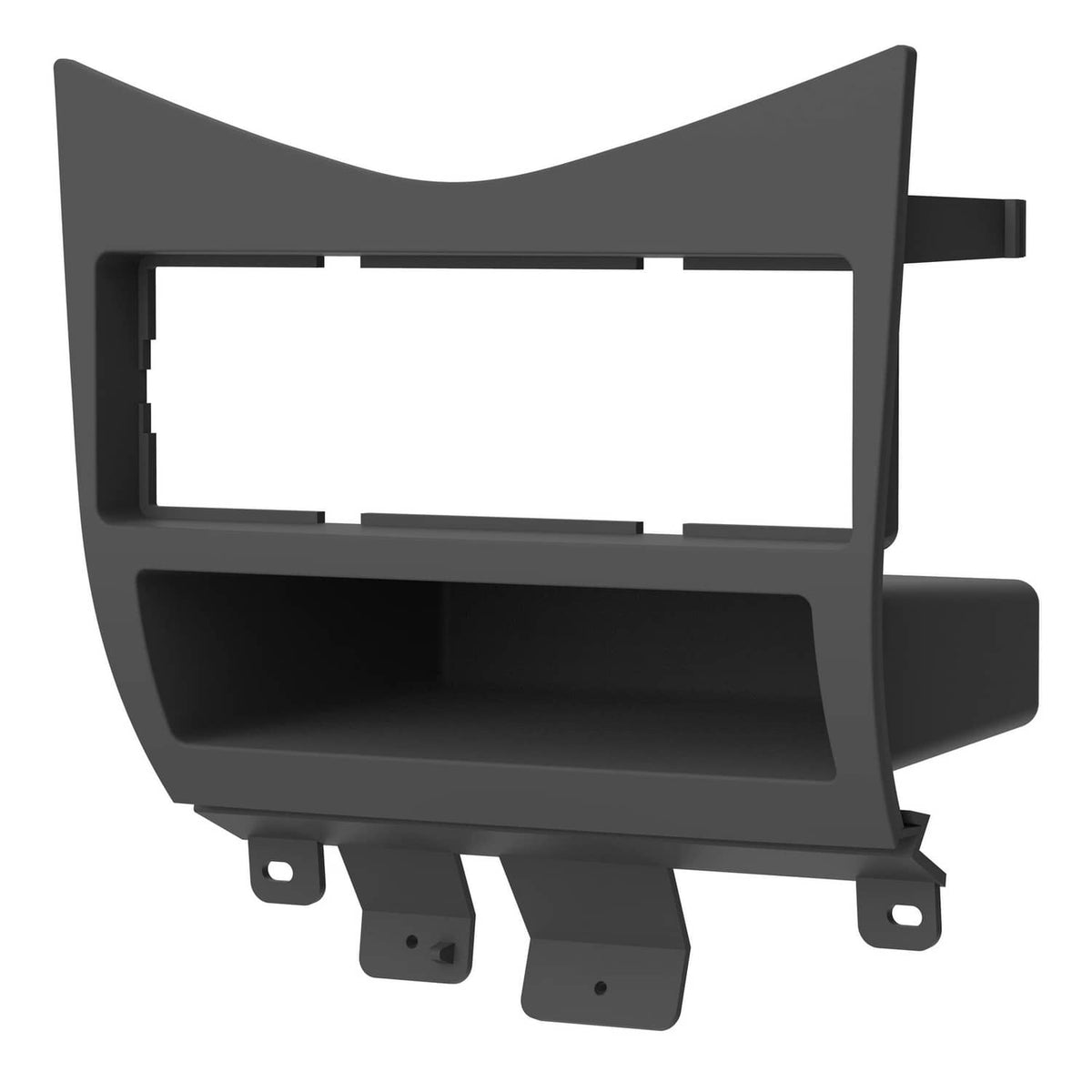 Single DIN dash trim kit with radio opening and storage bay, charcoal gray