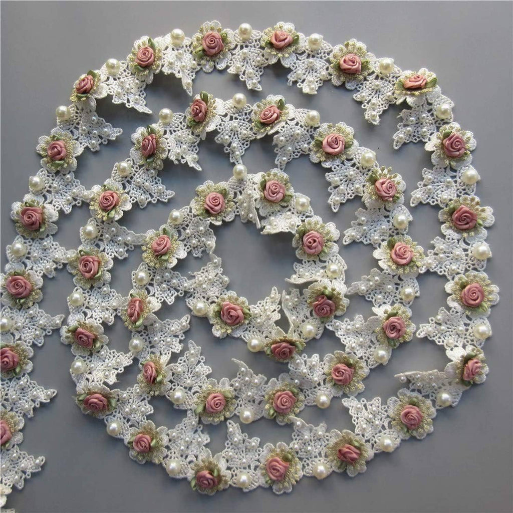 Gold embroidered lace trim with pearl beads and pink rose appliqués
