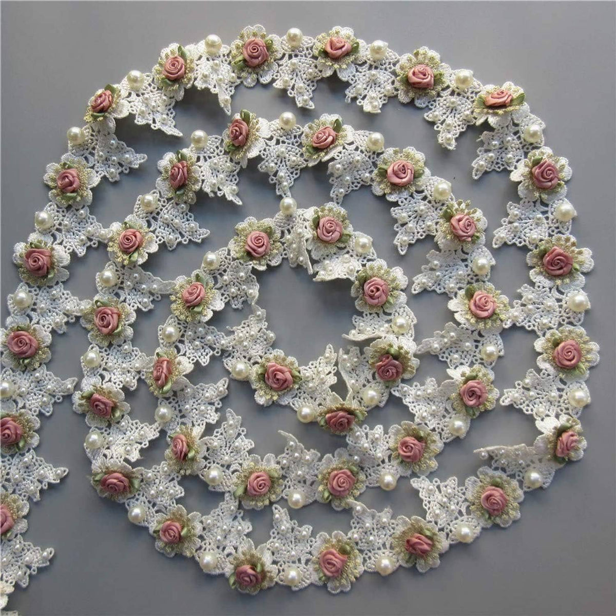 Gold embroidered lace trim with pearl beads and pink rose appliqués