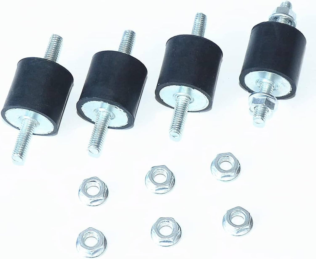 Rubber vibration isolator mounts set of four with black cylinders, silver bolts and nuts
