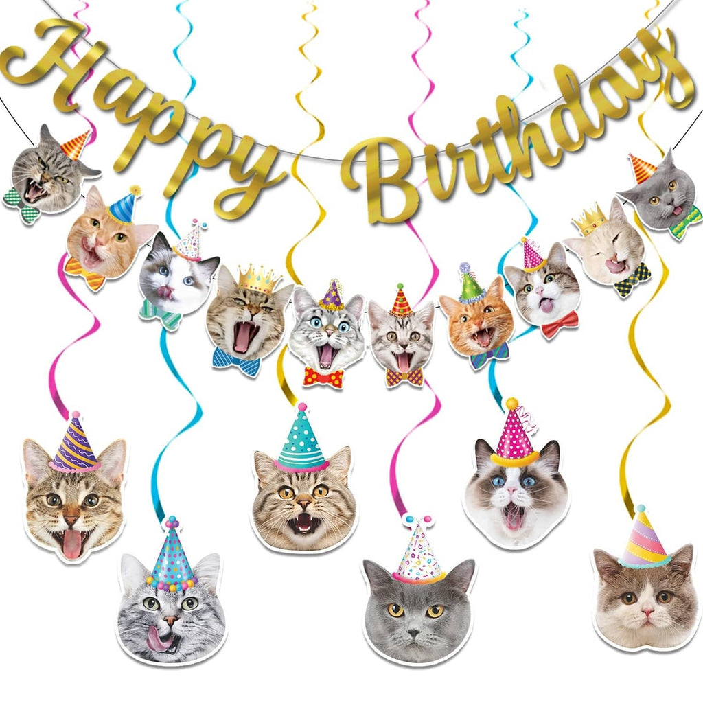 Cat birthday party banner set with multicolor swirls and cat face cutouts