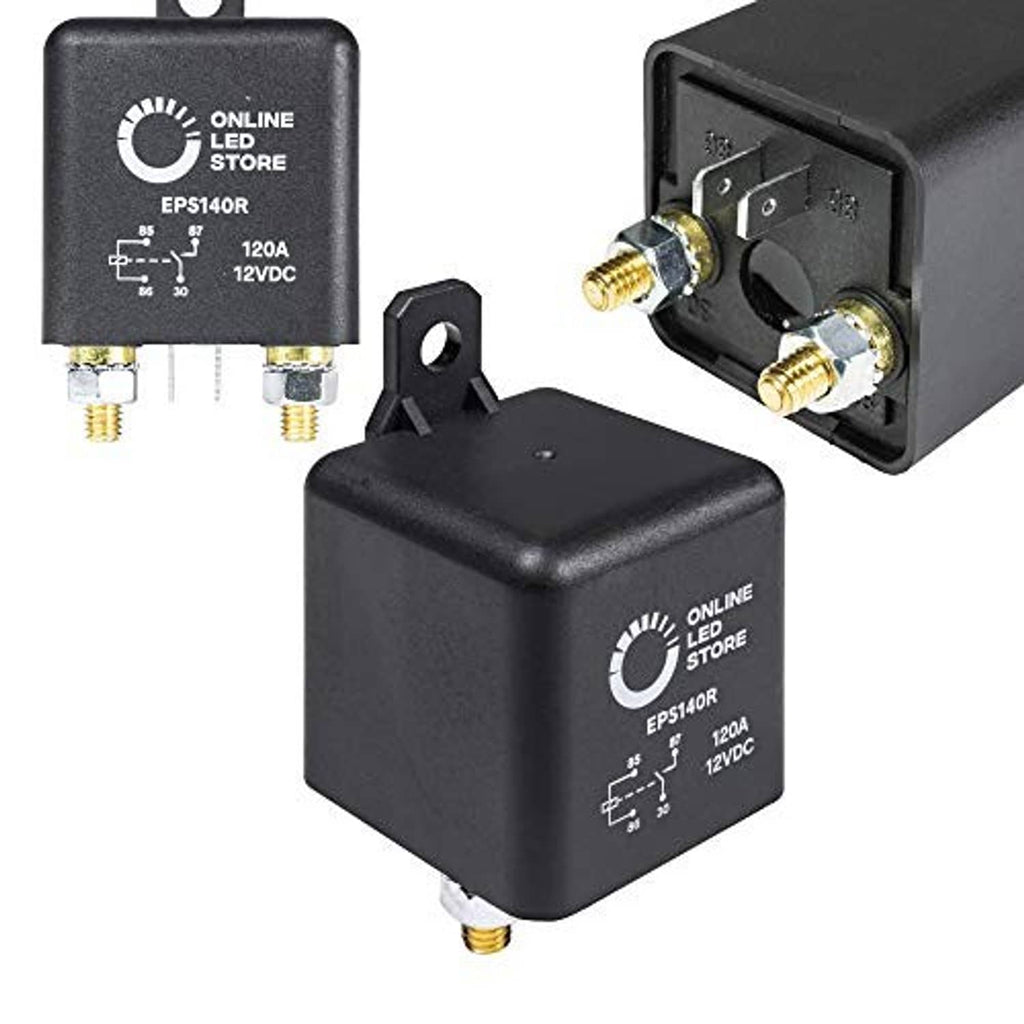 Black 12V DC split charge relay switch with threaded studs and open mounting face