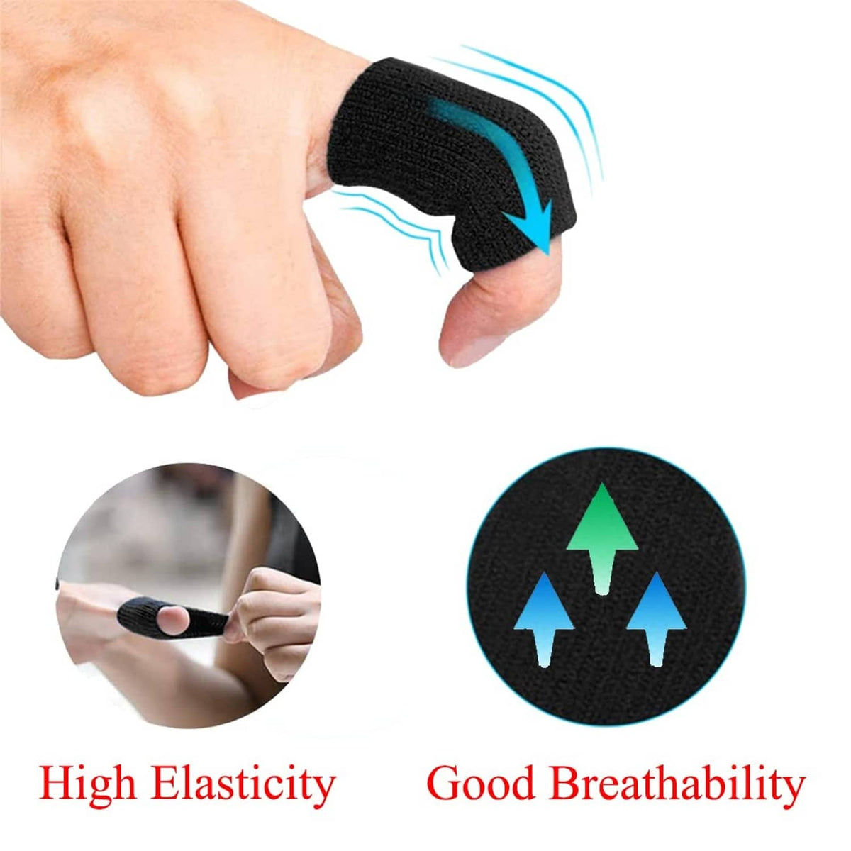 Stretchy black finger sleeve on hand with breathable airflow arrows
