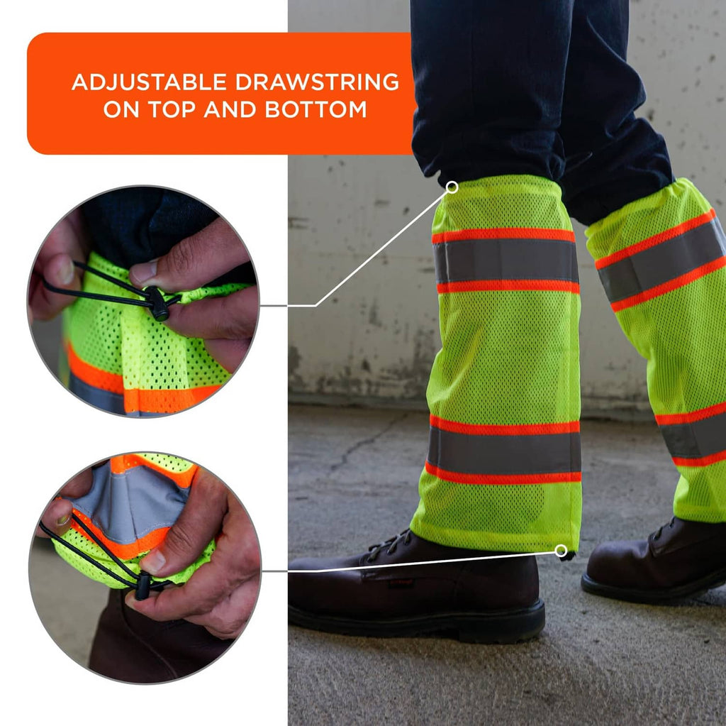 Lime reflective leg gaiters with adjustable drawstring on top and bottom