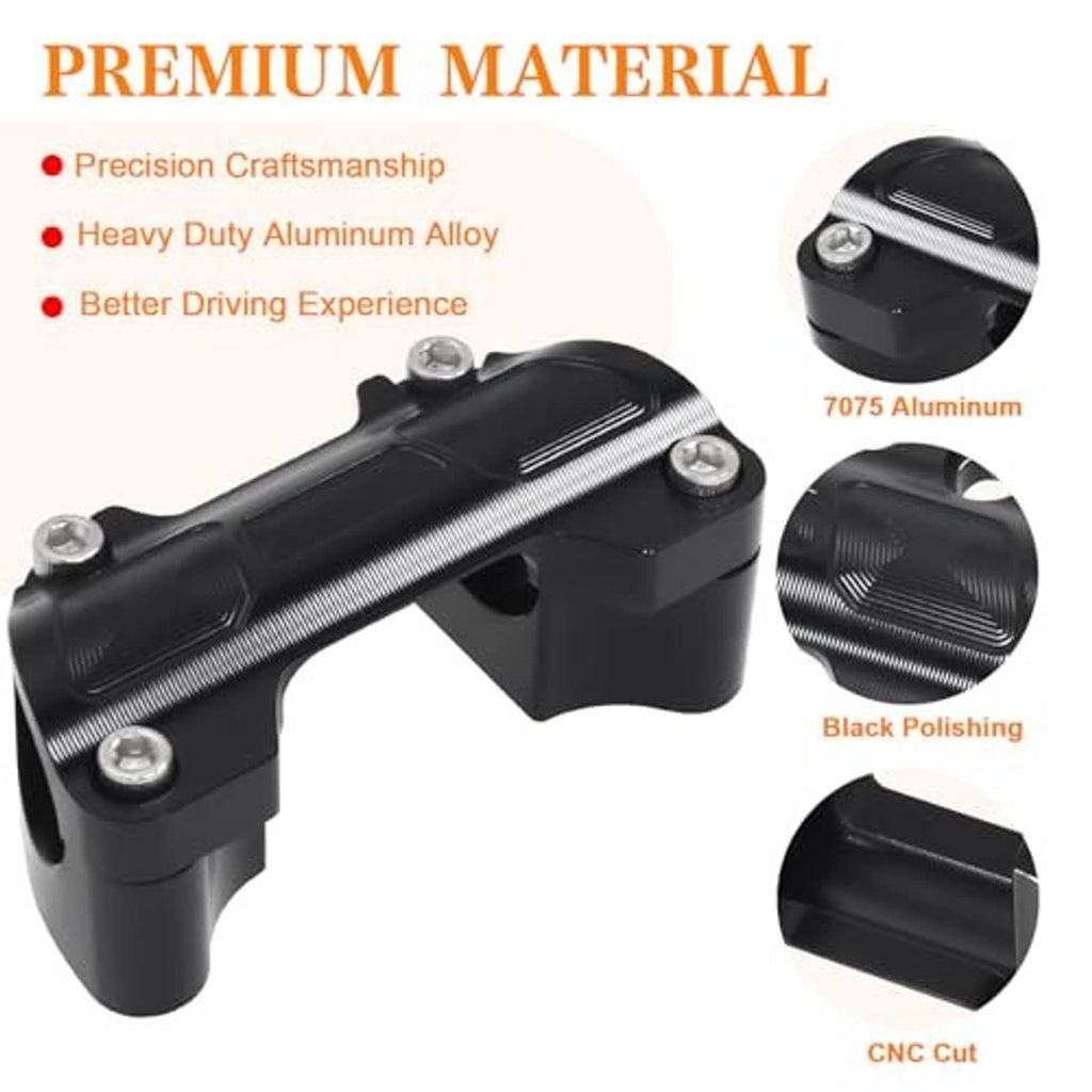 Black CNC-machined handlebar riser top clamp kit with alloy construction and close-up