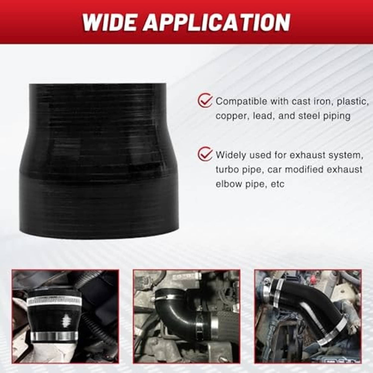 Black silicone reducer coupler hose with red interior, single end view