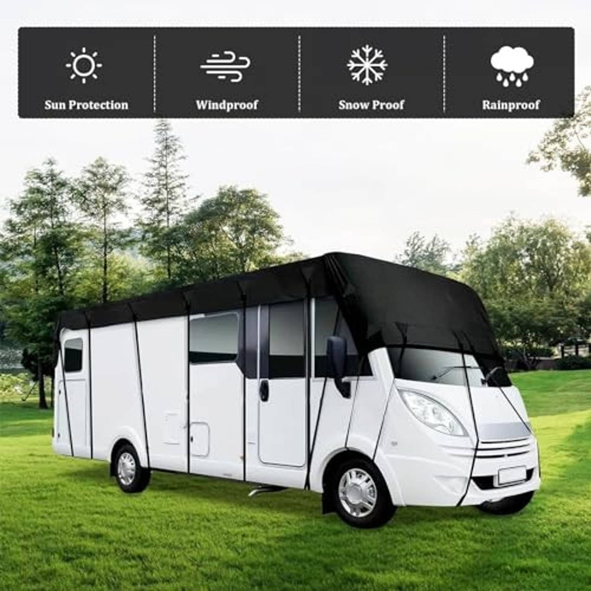 Black RV roof-only cover on motorhome for windproof and rain protection