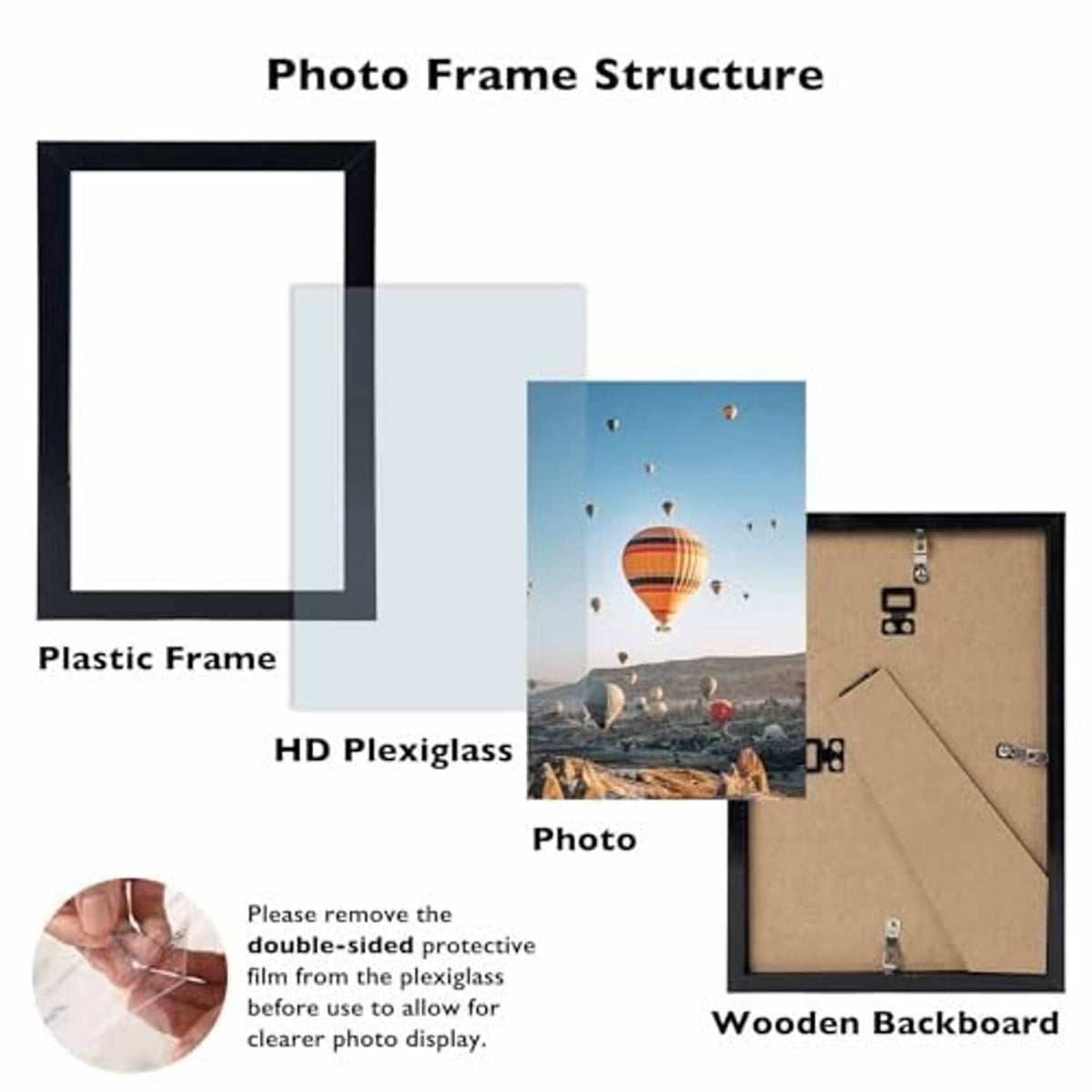 Black 8x12 picture frame components: plastic frame, HD plexiglass, wooden backboard