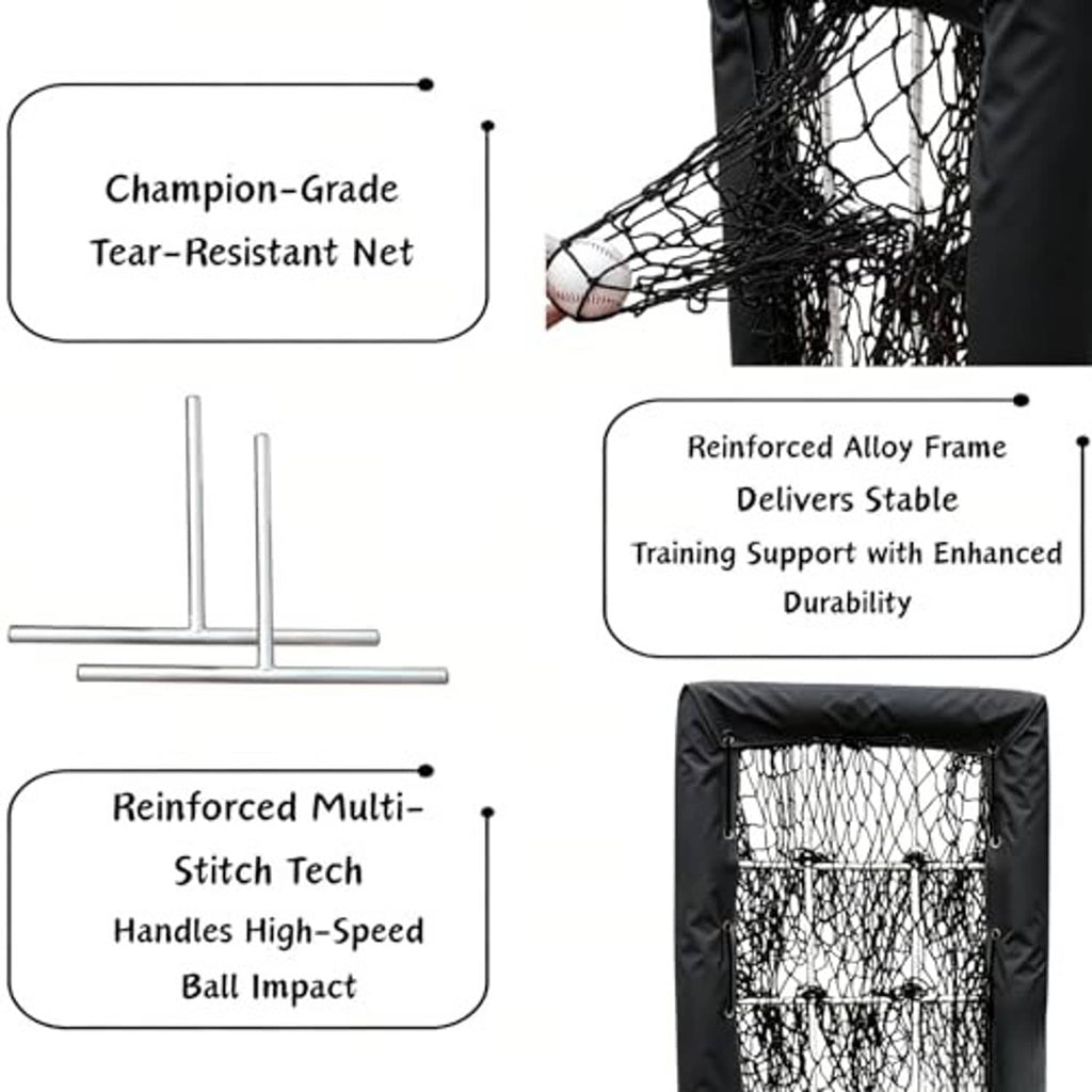 Close-up of black tear-resistant pitching net with reinforced alloy frame